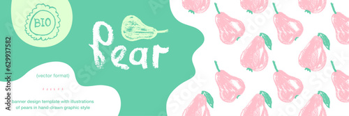 Wildlife-friendly growing fruits idea. Vector fruit label template. Vegan banner, honey pear background. Drawings of green pears pattern seamless. Baby food packaging, juice, jam. Organic gardening.