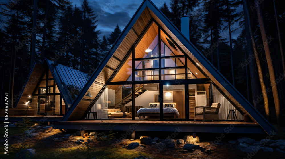 Fototapeta premium Contemporary Luxurious Villa Exterior in Minimalist Design. Glass-Encased Cottage Nestled in Woods during Nighttime. Modern Cabin-Style House Tucked in Deep Forest.