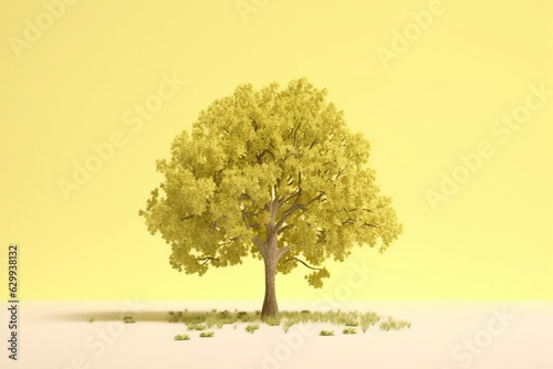 Front view of an oak tree isolated in a light pastel lemon yellow background