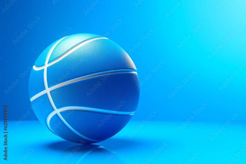 Bright blue basketball, isolated on a blue background with copy space