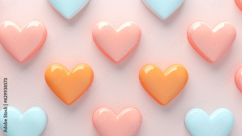 Modern pattern of hearts in pastel colors on a light blue background. Minimal love for Valentine's Day, Mother's Day, concept. Generative Al
