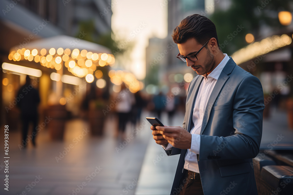 Close-up image of businessman watching smart mobile phone device outdoors. Business man networking typing an sms message in city street. - obrazy, fototapety, plakaty 
