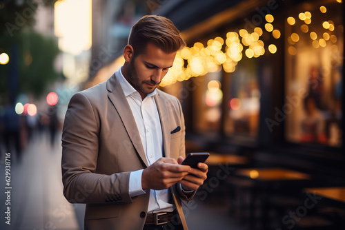 Close-up image of businessman watching smart mobile phone device outdoors. Business man networking typing an sms message in city street.