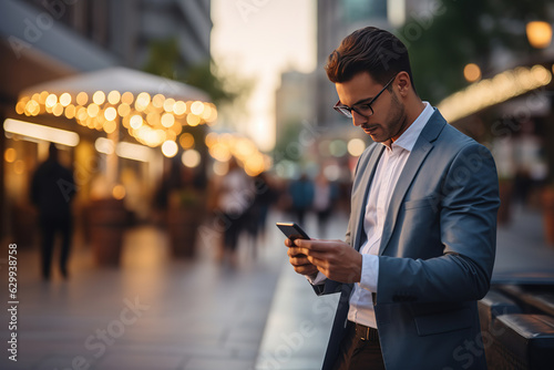 Close-up image of businessman watching smart mobile phone device outdoors. Business man networking typing an sms message in city street.