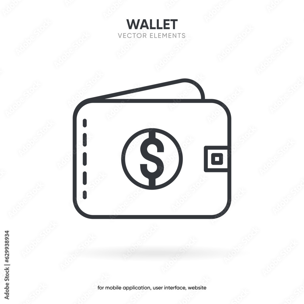 Wallet icon vector. Wallet full of dollar money bills. High quality graphic design element. Modern sign, stroke object, linear pictogram, outline symbol, line style, simple thin line icon for UI UX Wallet icon vector. Wallet full of dollar money bills. High quality graphic design element. Modern sign, stroke object, linear pictogram, outline symbol, line style, simple thin line icon for UI UX