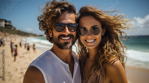 Couple enjoys at the beach  smiling Generative AI