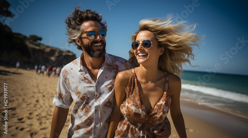Couple enjoys at the beach, smiling Generative AI