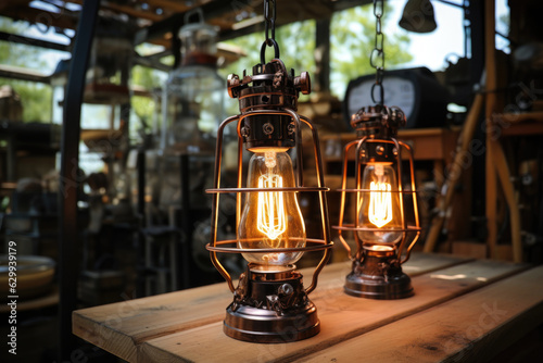 Two Vintage Lanterns Hang from a Wooden Beam