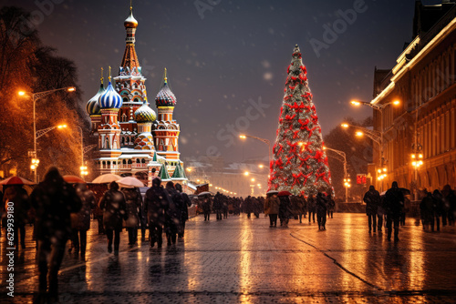 Winter in Moscow with Saint Basil’s Cathedral and Christmas Tree on a Busy Street