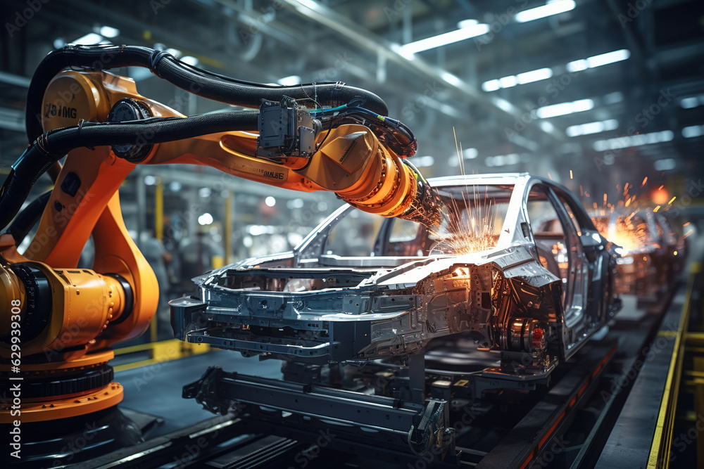 Automated Robot Arm Assembly Line Manufacturing High-Tech Green Energy Electric Vehicles. Automatic Construction, Building, Welding Industrial Production Conveyor.