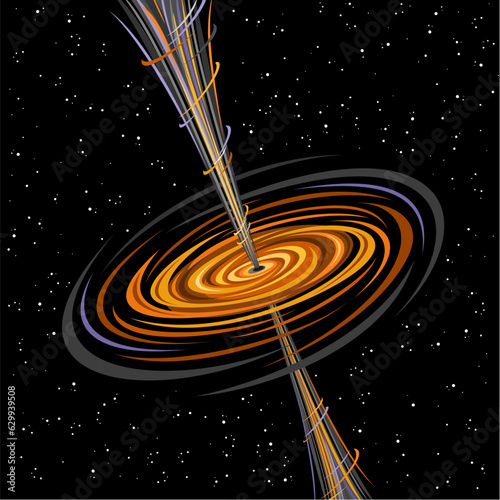 Vector illustration of Black Hole, square astronomical poster with fantasy print with hot rotating orange gas clouds and line art cosmo jets from supermassive black hole on dark starry background