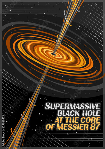Vector Poster for Black Hole, vertical banner with illustration of hot rotate orange gas clouds and line art cosmic jet from black hole on dark starry background, decorative fantasy booklet with text