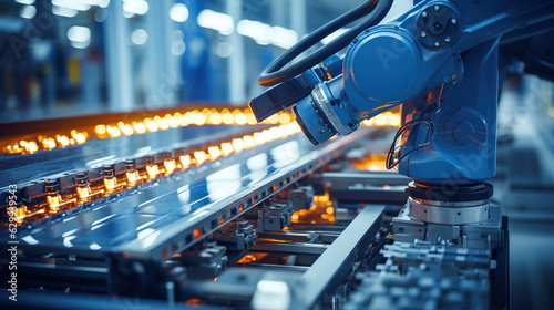 Industrial Robot Arms at Production Line at Modern Bright Factory. Solar Panels are being Assembled on Conveyor. Automated Manufacturing Facility