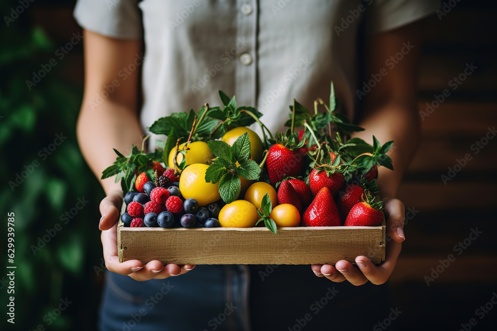 A woman holding a box with fresh fruits. Healthy eating concept.