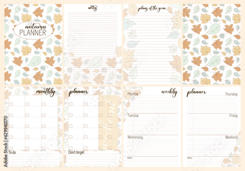Set of Weekly or Mothly planner, Notes template with Falling leaves, Autumn foliage, cozy style. Collection Trendy pages in floral design. Editable vector illustration. For notebook, planner, schedule