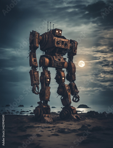 immagine di vecchio e rugginoso possente robot meccanico gigante abbandonato su una spiaggia sabbiosa, cielo nuvoloso, mare, luna piena vista dal basso © divgradcurl