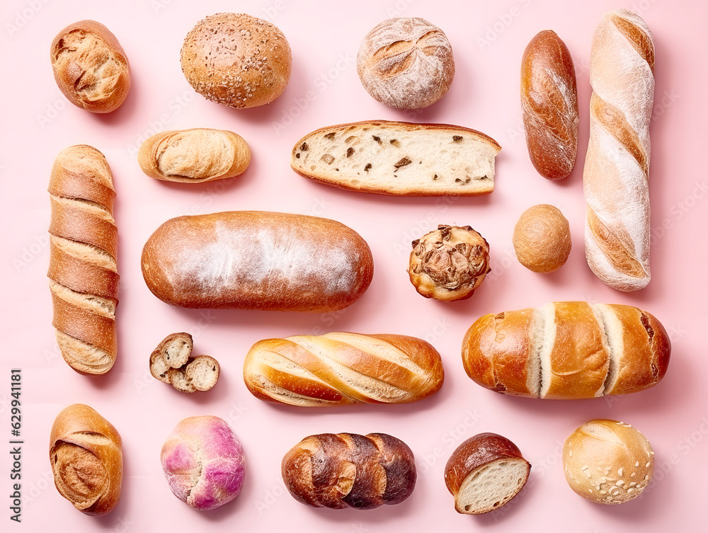 Bread assortment isolated on pink background. Fresh bread with sesame seeds.