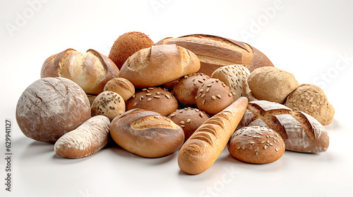 Bread assortment isolated on white background. Fresh bread with sesame seeds.