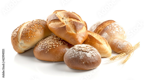Bread assortment isolated on white background. Fresh bread with sesame seeds.
