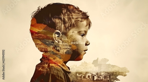 Concept art of the state of the child's mind in the context of warfare. Double exposure of a little boy with a chaotic city 