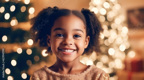 excited little black girl in home near the Christmas tree, happily