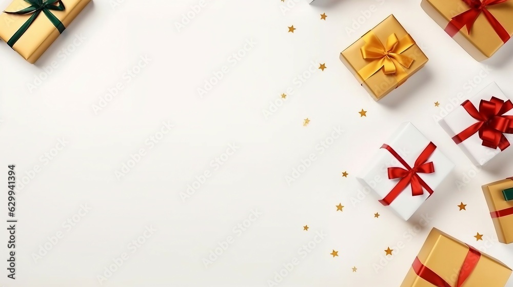 Many gift boxes tied with red and gold ribbons on white background. Christmas background. Many gift boxes tied with red and gold ribbons on white background. Christmas background.