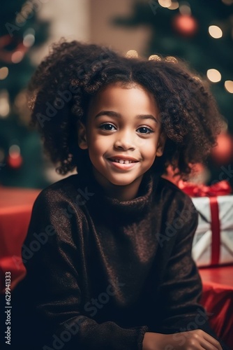 excited little black girl at home near the Christmas tree, happily © Denisa