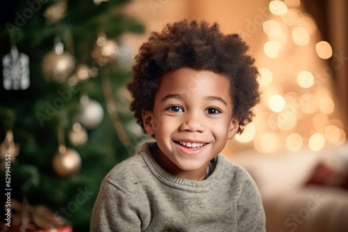 excited little black boy near the christmas tree at home