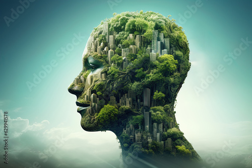 Environment and sustainable energy concept. Human head grown in vegertation and buildings. Preserving nature. Generative Ai © ArtmediaworX