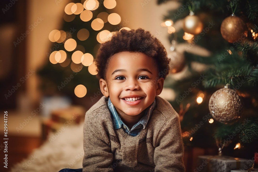 excited little black boy near the christmas tree at home Stock Photo