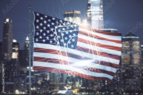 Virtual creative artificial Intelligence hologram with human brain sketch on US flag and skyline background. Double exposure