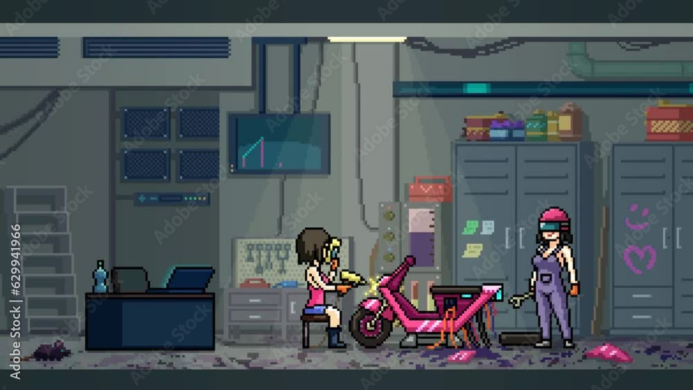 pixel art woman working garage