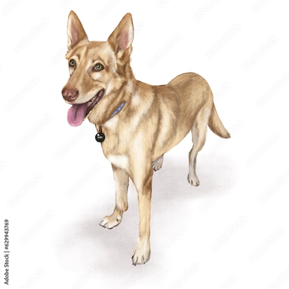 Realistic drawing of a dog. A picture with a standing husky of the original color. Yellow, fawn dog. Beautiful dog on a white background. Digital art