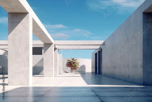 Modern concrete architecture building, exterior floor and roof with empty space for mock up with blue sky background, in clean design, with Generative Ai.