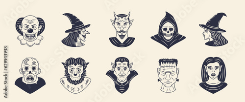 Halloween vintage characters set. Vampire, Monster, zombie, devil, werewolf, clown. Halloween monsters icons. Halloween costumes. Vector illustration