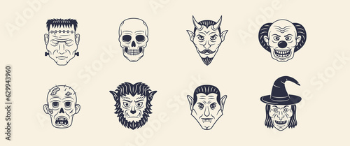 Halloween characters set. Skull, Devil, Old Witch, Vampire, Monster, Werewolf, Clown, Zombie. Halloween icons isolated on white background. Vector illustration