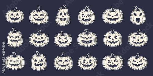 Halloween pumpkin set. 18 Halloween pumpkin icons set. Funny pumpkins isolated on white background. Vector illustration photo