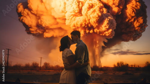 couple embracing and kissing with nuclear bomb exploding in the distance photo