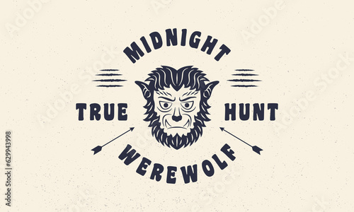 Halloween abstract label, logo. Werewolf emblem with grunge texture. Werewolf vintage icon. Hipster design. Print for T-shirt. Vector illustration