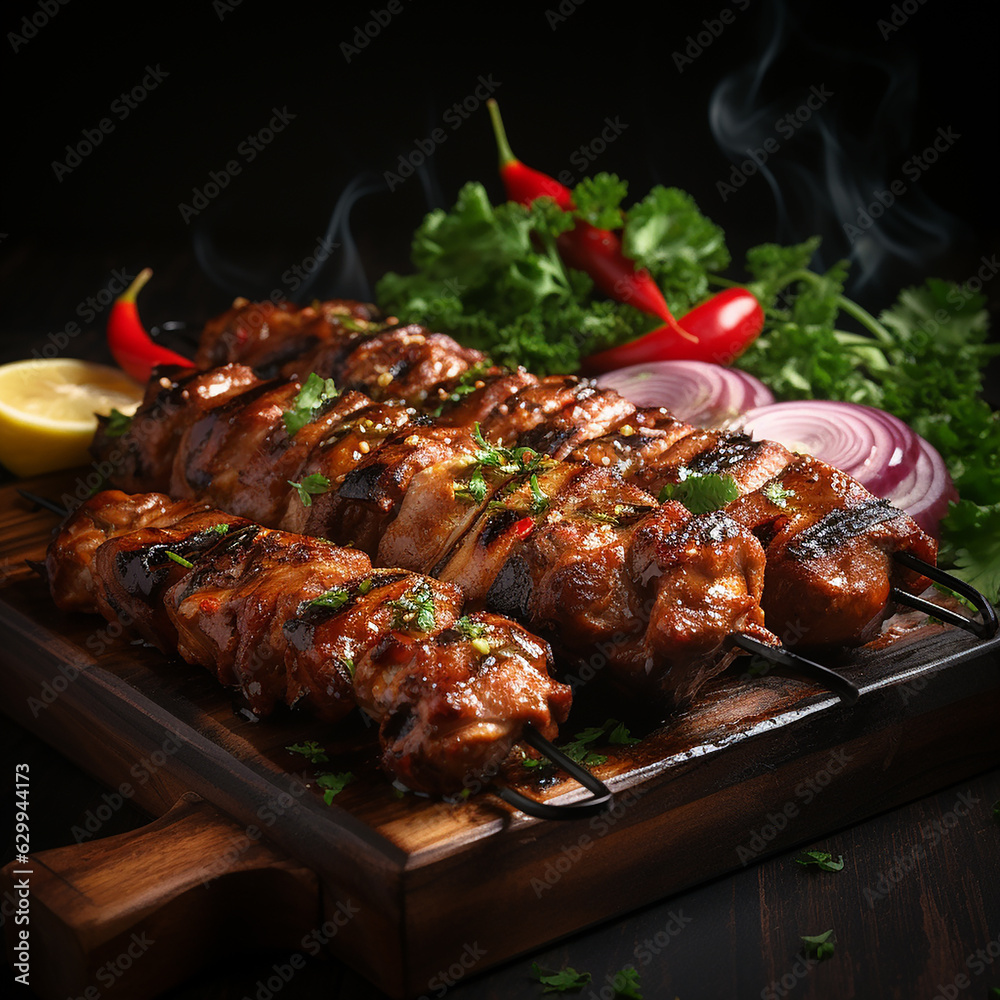Turkish kebab, chicken kebab, delicious turkish food. Made with generative ai