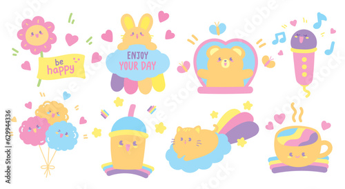 cute kawaii happy face cartoon hand drawn illustration vector set