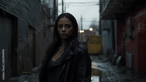 Grungy urban alleyway, tension - filled chase scene, dramatic shadows, fearful female subject looking back, edgy