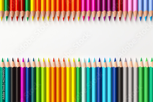 Colored pencils or crayons on white background with copy space. Back to school and education concept. Generative Ai