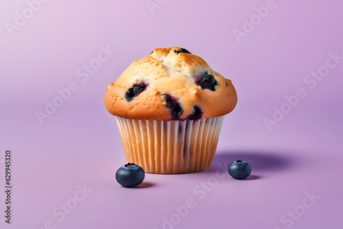blueberry muffin isolated on plain purple studio background photo