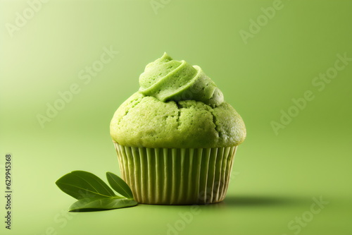 matcha tea muffin with leaves isolated on plain green studio background photo
