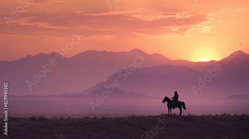 Sunset in a desert, silhouette of a lone cowboy on horseback, distant mountains, sky filled with orange and purple hues, haze for atmos