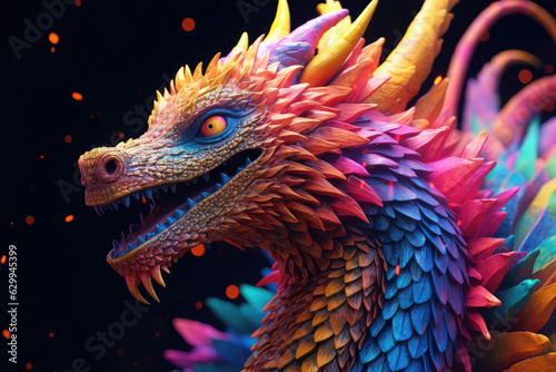 Abstract animal Ancient Dragon portrait with multi colored colorful on scales, skin body and hairs paint, Vibrant bright gradients background, with Generative AI. © TANATPON