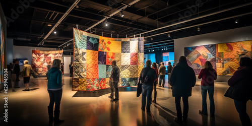 a modern quilt exhibition, rows of intricate quilts hanging from the ceiling, visitors admiring the work, soft gallery lighting © Marco Attano