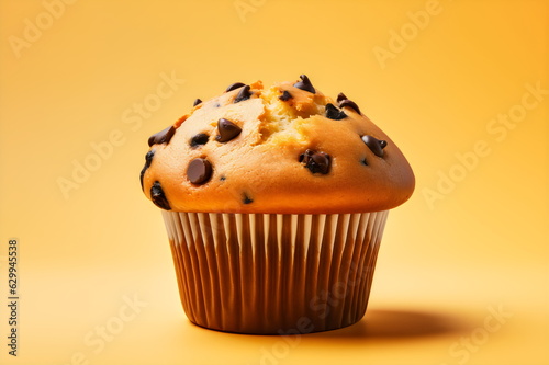 chocolate chip muffin isolated on plain yellow studio background photo