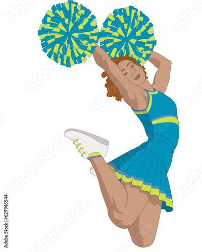 cheerleading female cheerleader jumping high in the air holding pom-poms isolated on white background